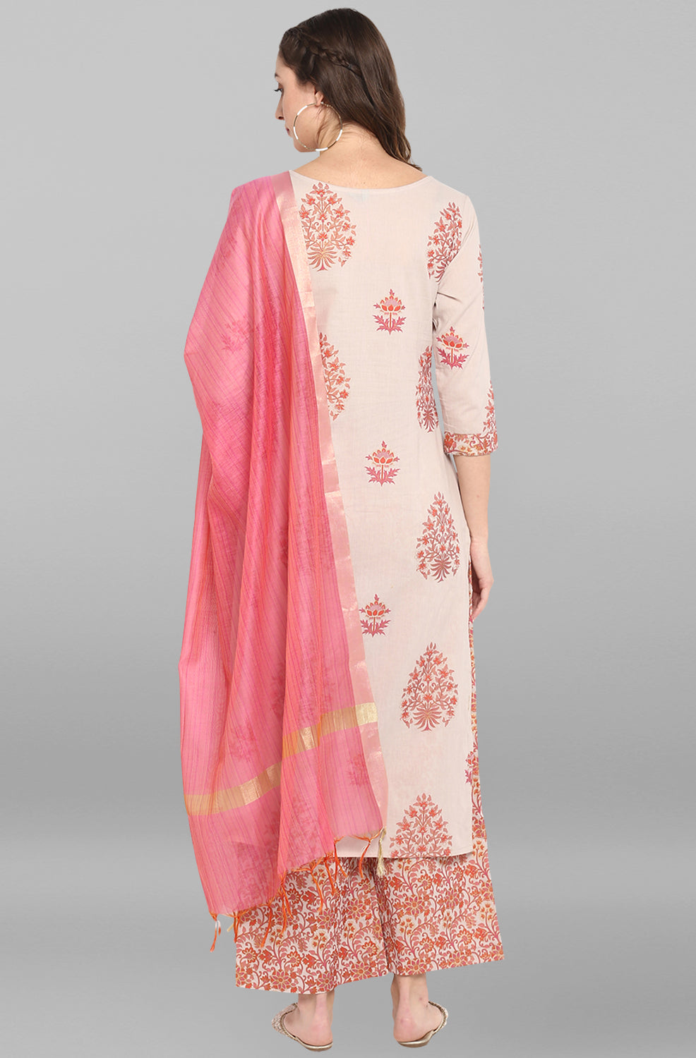 Janasya Women's Lilac Cotton Block Print Kurta With Palazzo And Dupatta | Grocsy