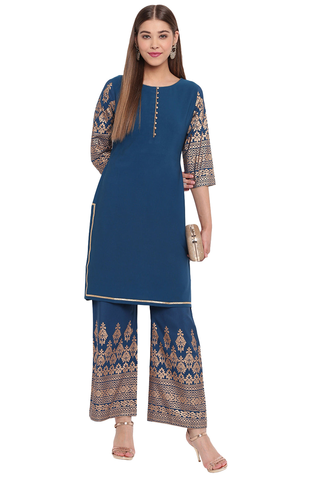 Janasya Teal Poly Crepe Printed Set | Grocsy