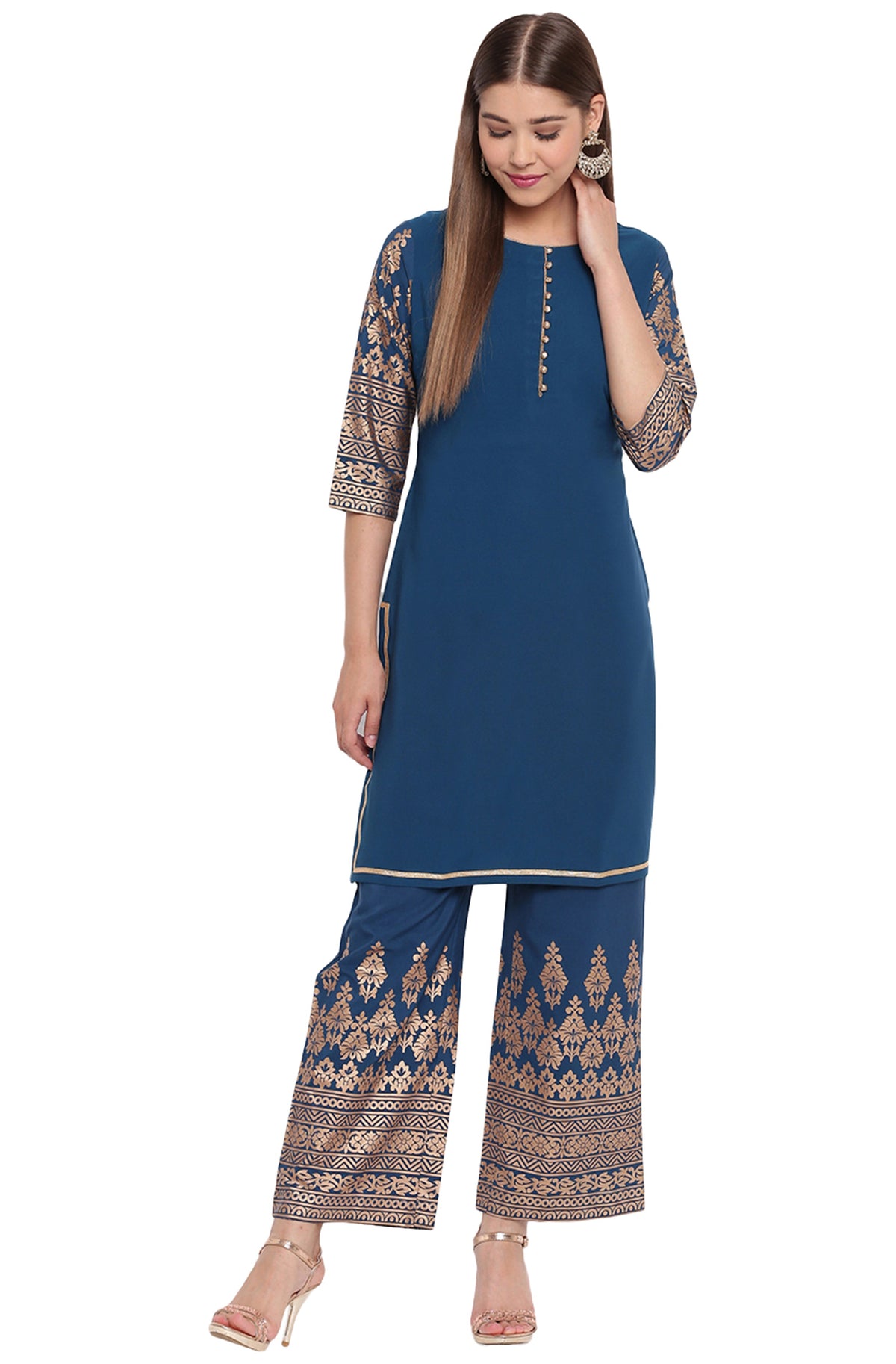 Janasya Teal Poly Crepe Printed Set | Grocsy