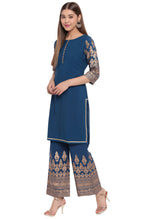 Janasya Teal Poly Crepe Printed Set | Grocsy