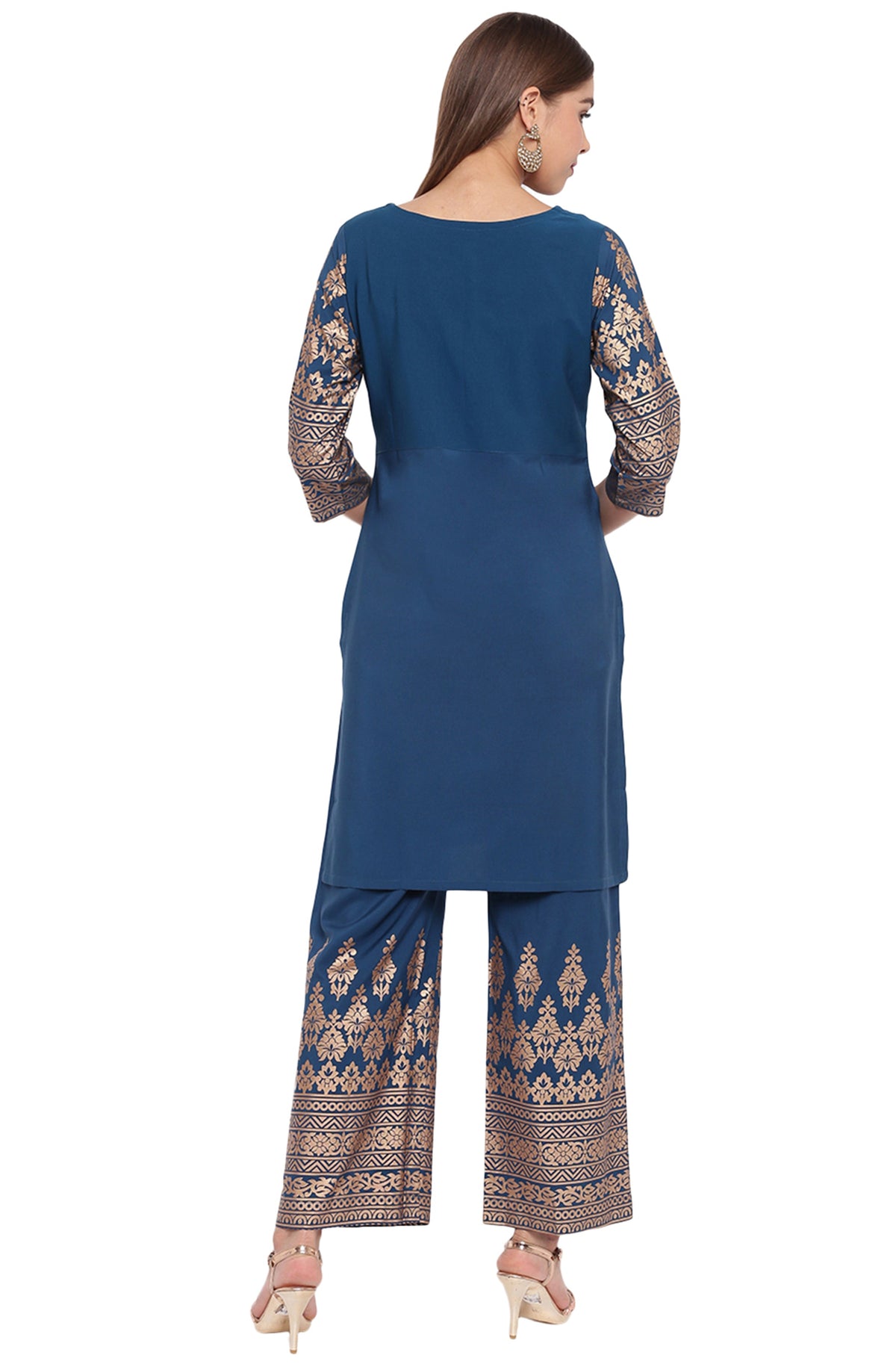 Janasya Teal Poly Crepe Printed Set | Grocsy