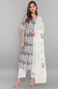Janasya Women's White Cotton Botanical Print Kurta With Palazzo And Dupatta | Grocsy