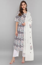 Janasya Women's White Cotton Botanical Print Kurta With Palazzo And Dupatta | Grocsy