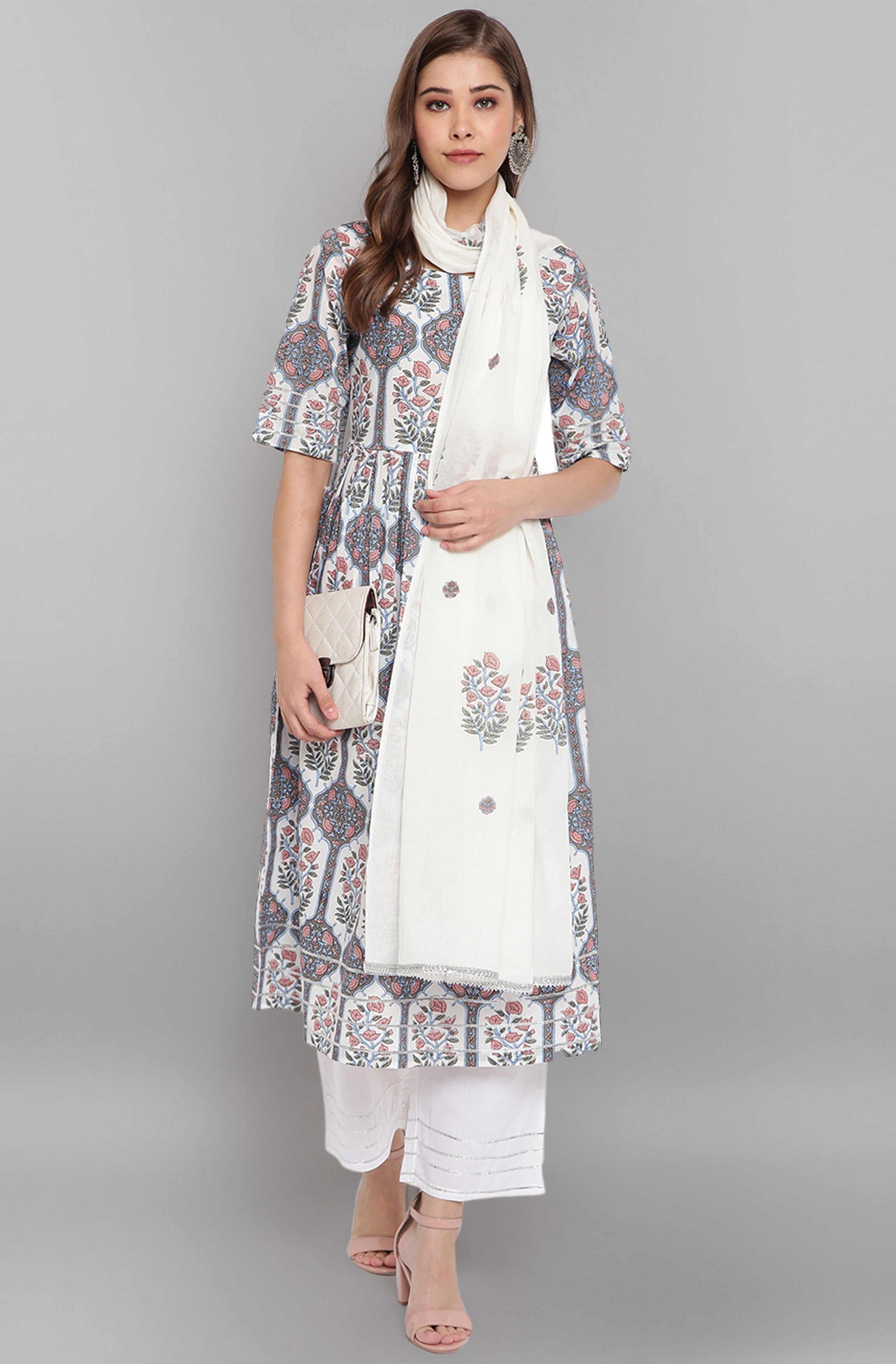 Janasya Women's White Cotton Botanical Print Kurta With Palazzo And Dupatta | Grocsy