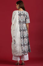 Janasya Women's White Cotton Botanical Print Kurta With Palazzo And Dupatta | Grocsy