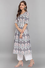 Janasya Women's White Cotton Botanical Print Kurta With Palazzo And Dupatta | Grocsy