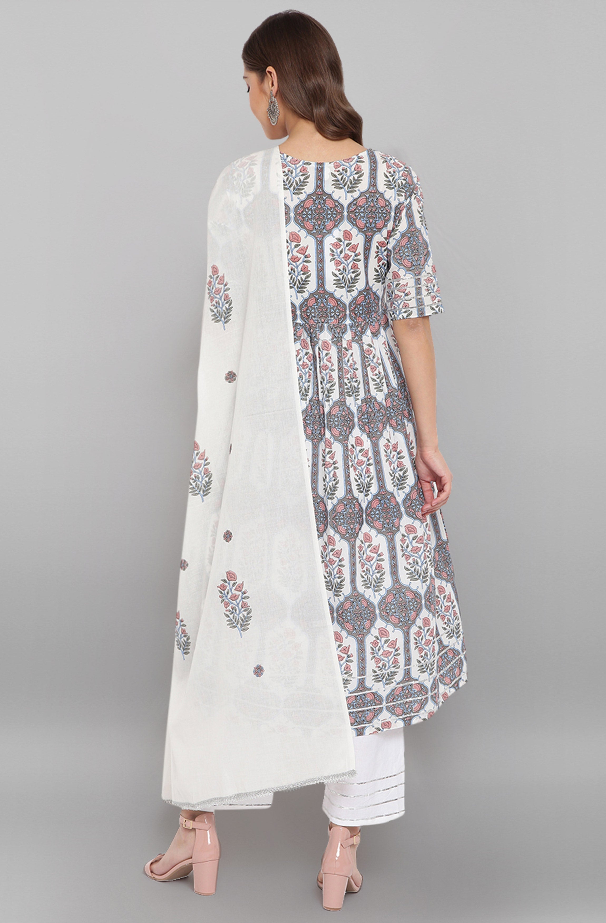 Janasya Women's White Cotton Botanical Print Kurta With Palazzo And Dupatta | Grocsy