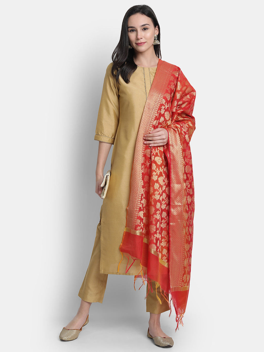 Janasya Gold Poly Silk Solid Set | Grocsy