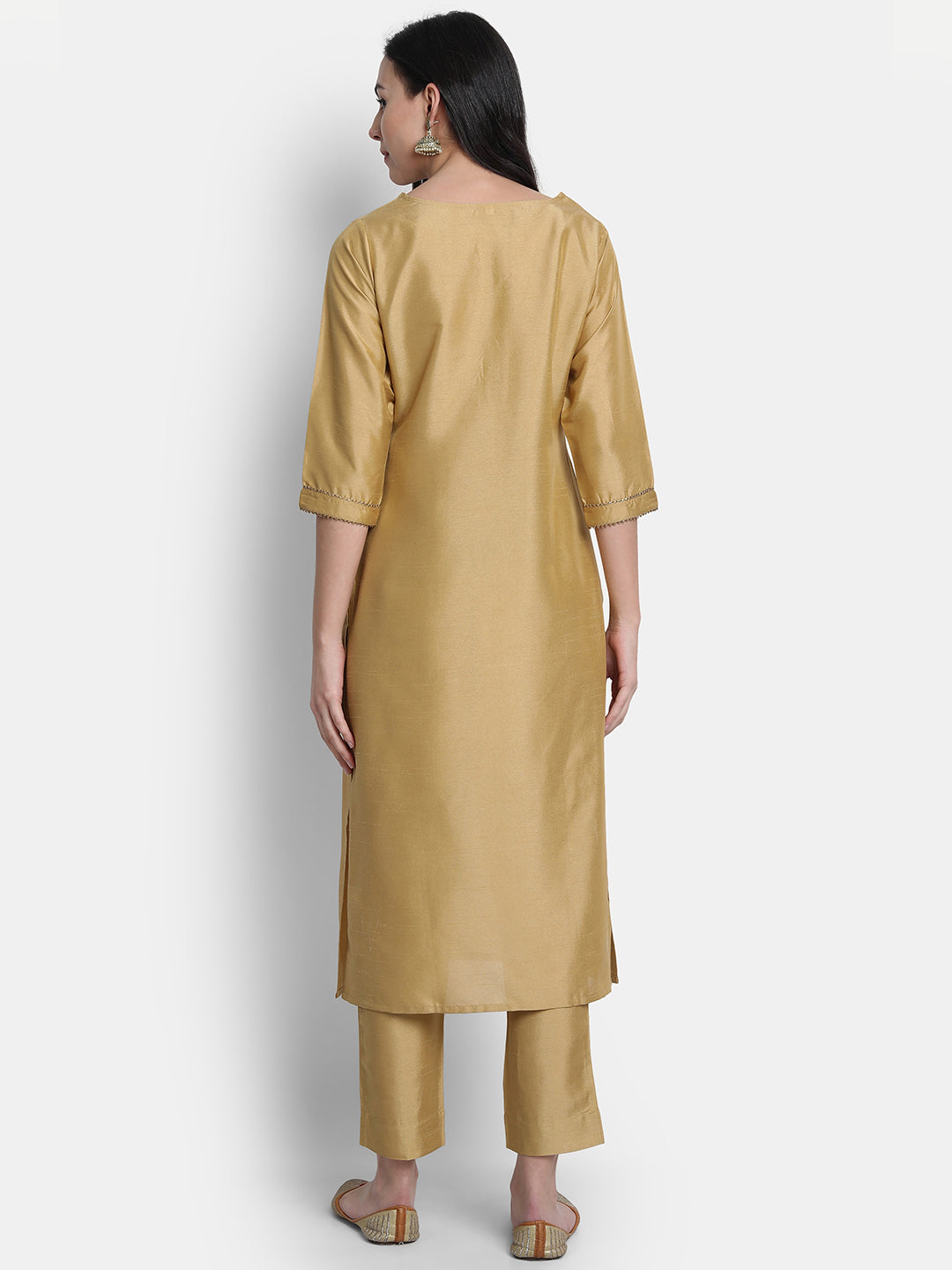 Janasya Gold Poly Silk Solid Set | Grocsy