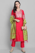 Janasya Women's Pink Poly Silk Floral Printed Straight Festive Kurta Set | Grocsy