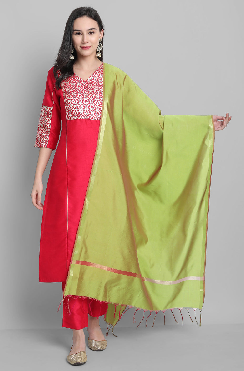 Janasya Women's Pink Poly Silk Floral Printed Straight Festive Kurta Set | Grocsy