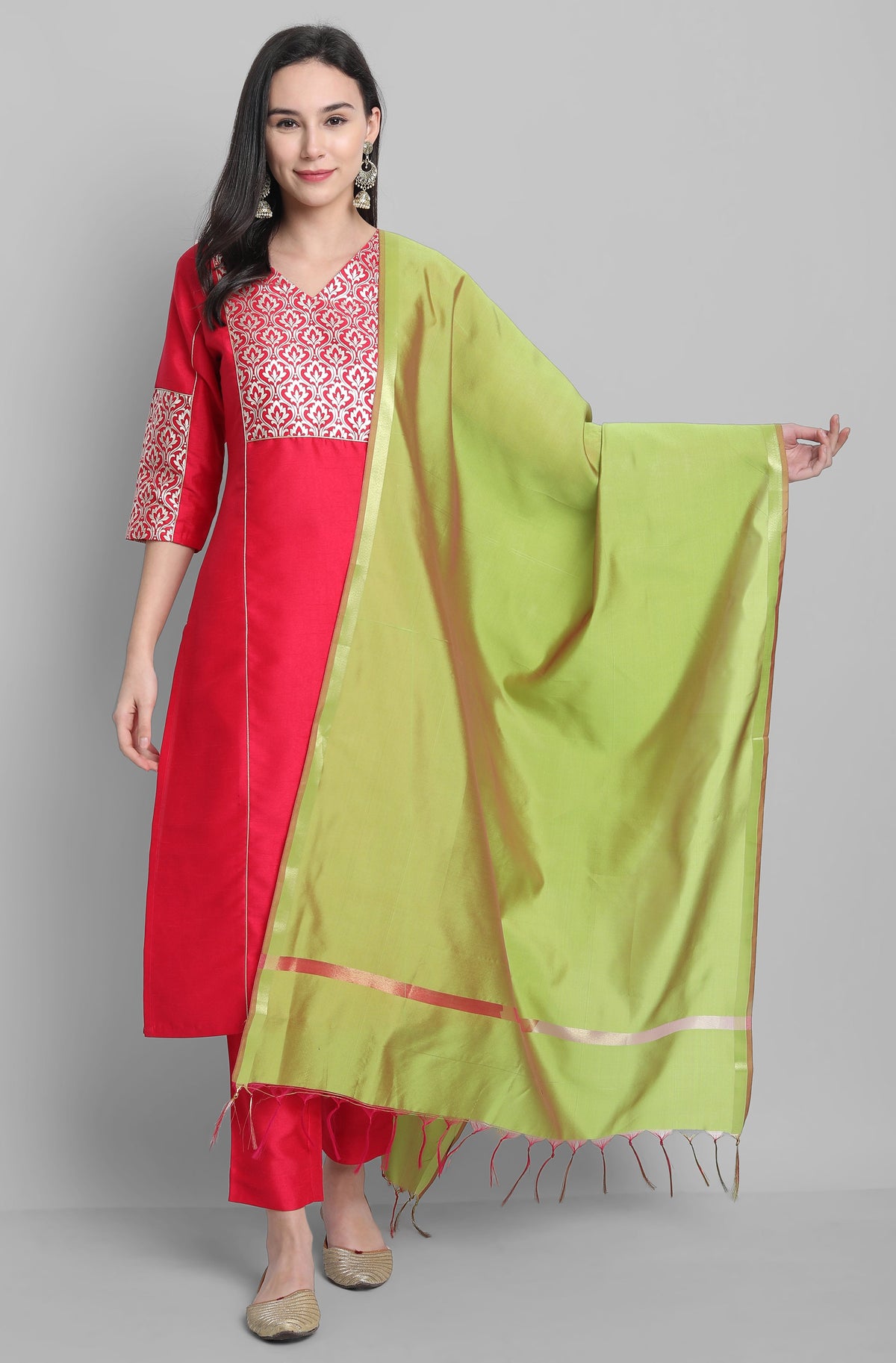 Janasya Women's Pink Poly Silk Floral Printed Straight Festive Kurta Set | Grocsy