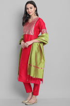 Janasya Women's Pink Poly Silk Floral Printed Straight Festive Kurta Set | Grocsy