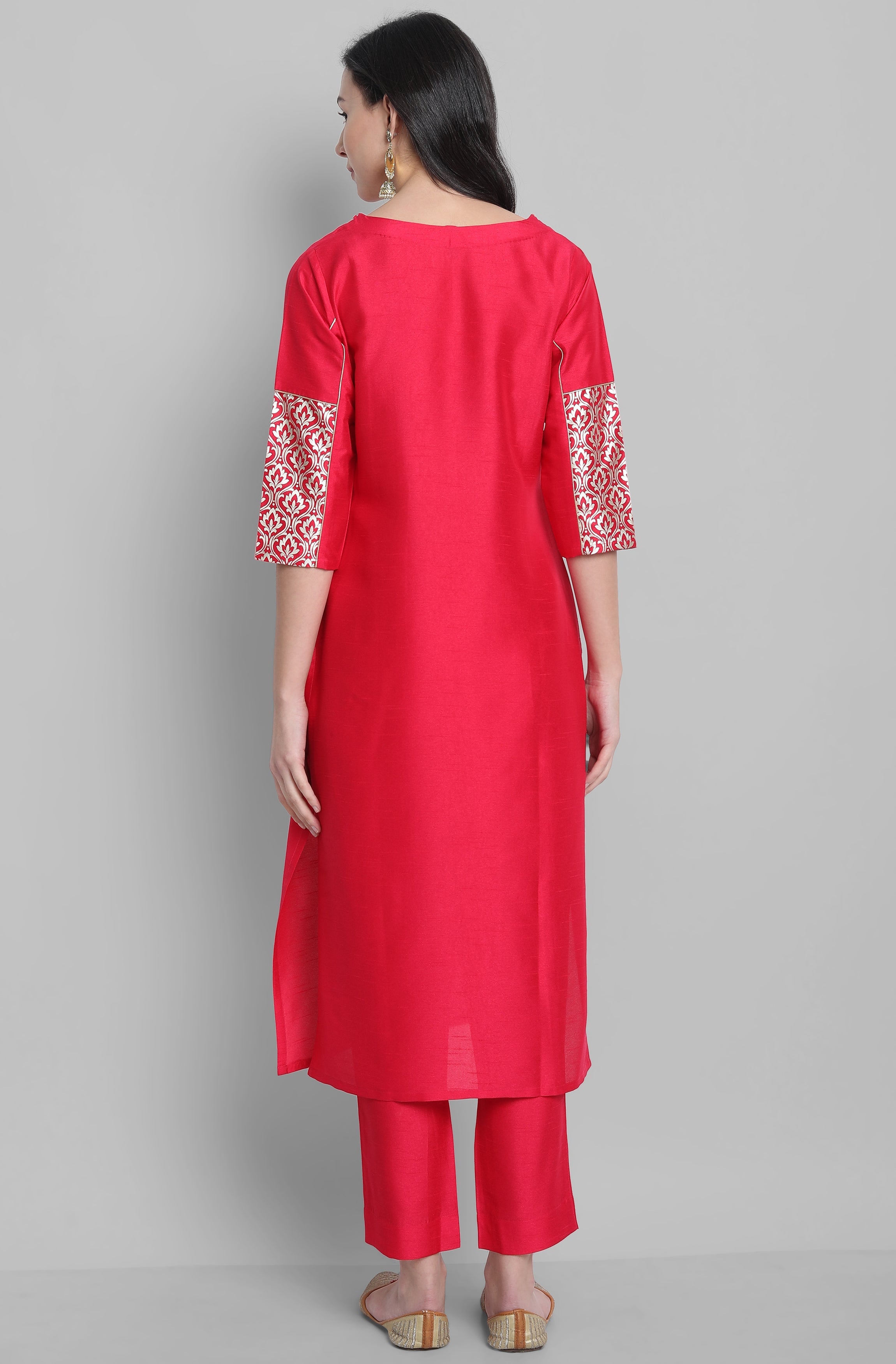 Janasya Women's Pink Poly Silk Floral Printed Straight Festive Kurta Set | Grocsy