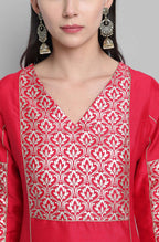 Janasya Women's Pink Poly Silk Floral Printed Straight Festive Kurta Set | Grocsy