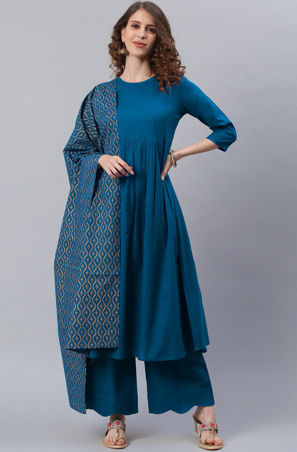 Janasya Women's Blue Cotton Solid Kurta With Palazzo And Dupatta | Grocsy