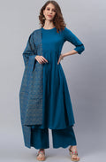 Janasya Women's Blue Cotton Solid Kurta With Palazzo And Dupatta | Grocsy