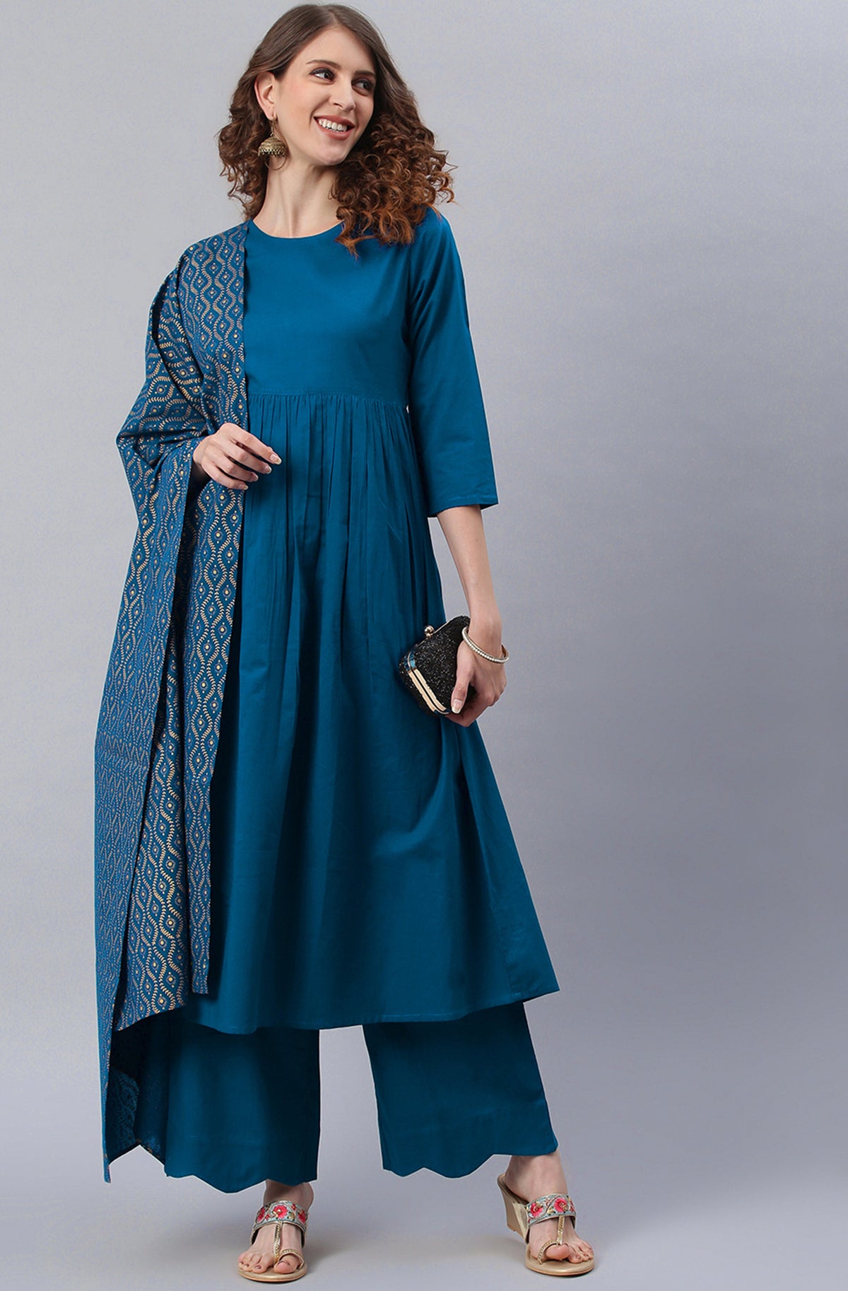 Janasya Women's Blue Cotton Solid Kurta With Palazzo And Dupatta | Grocsy