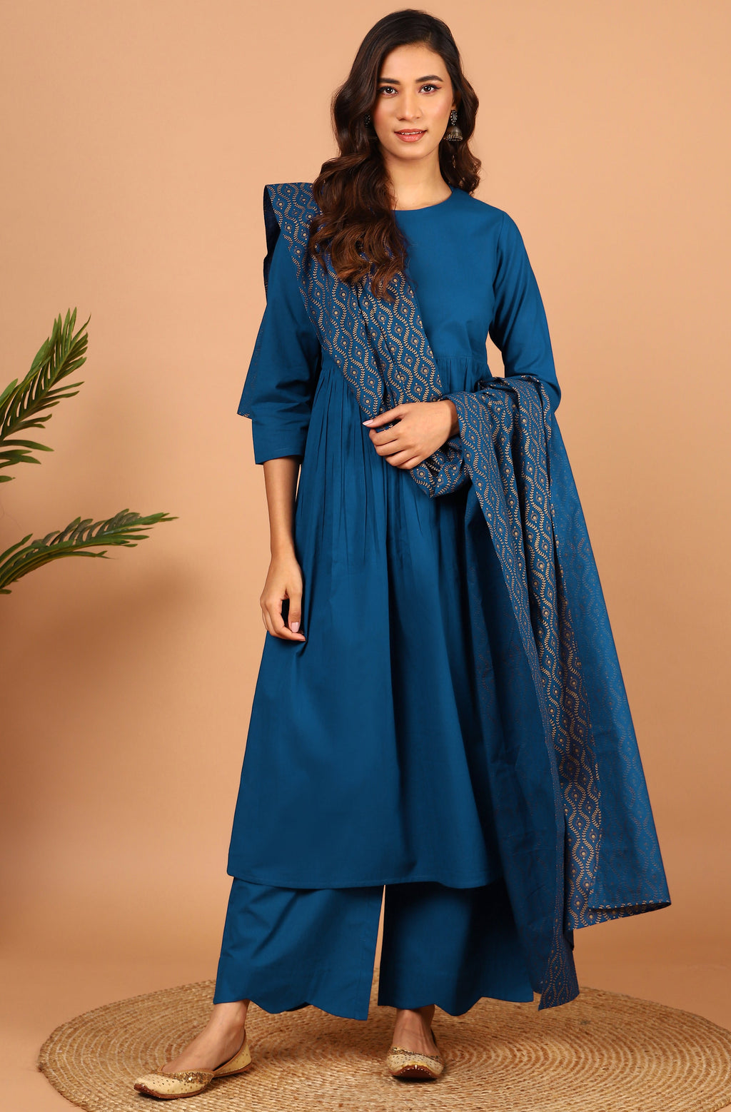 Janasya Women's Blue Cotton Solid Kurta With Palazzo And Dupatta | Grocsy