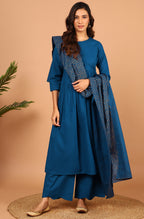 Janasya Women's Blue Cotton Solid Kurta With Palazzo And Dupatta | Grocsy