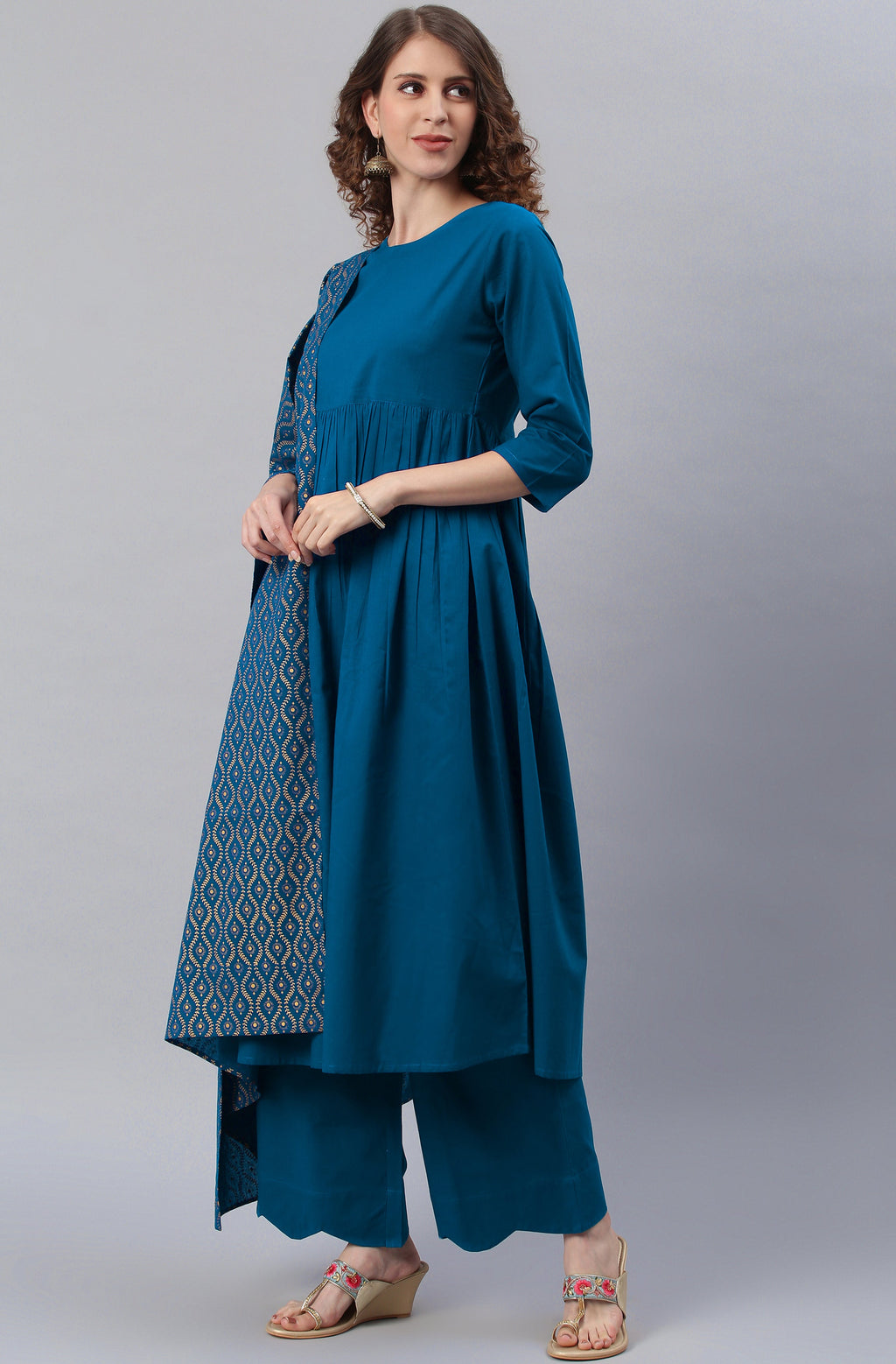 Janasya Women's Blue Cotton Solid Kurta With Palazzo And Dupatta | Grocsy