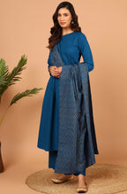 Janasya Women's Blue Cotton Solid Kurta With Palazzo And Dupatta | Grocsy