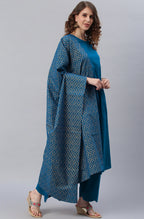 Janasya Women's Blue Cotton Solid Kurta With Palazzo And Dupatta | Grocsy