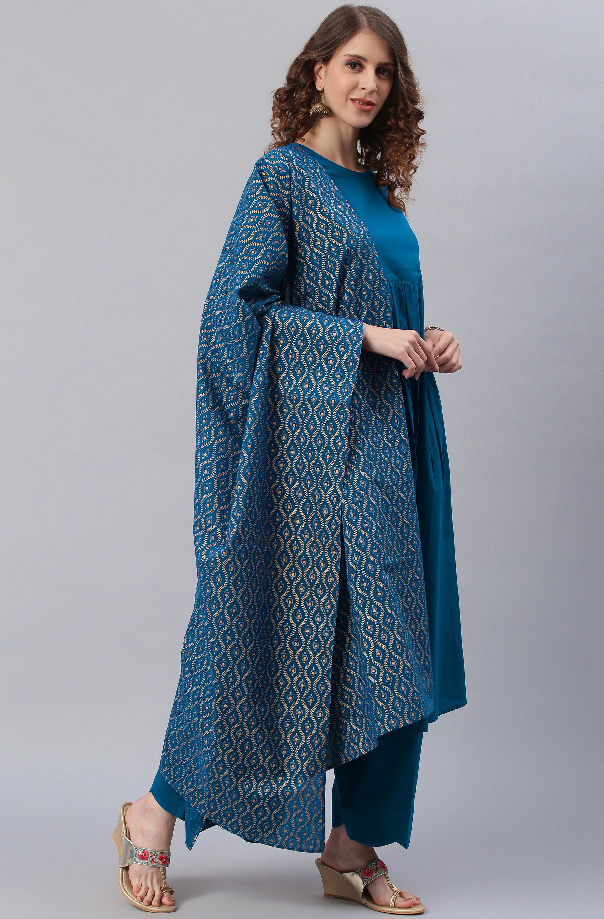 Janasya Women's Blue Cotton Solid Kurta With Palazzo And Dupatta | Grocsy