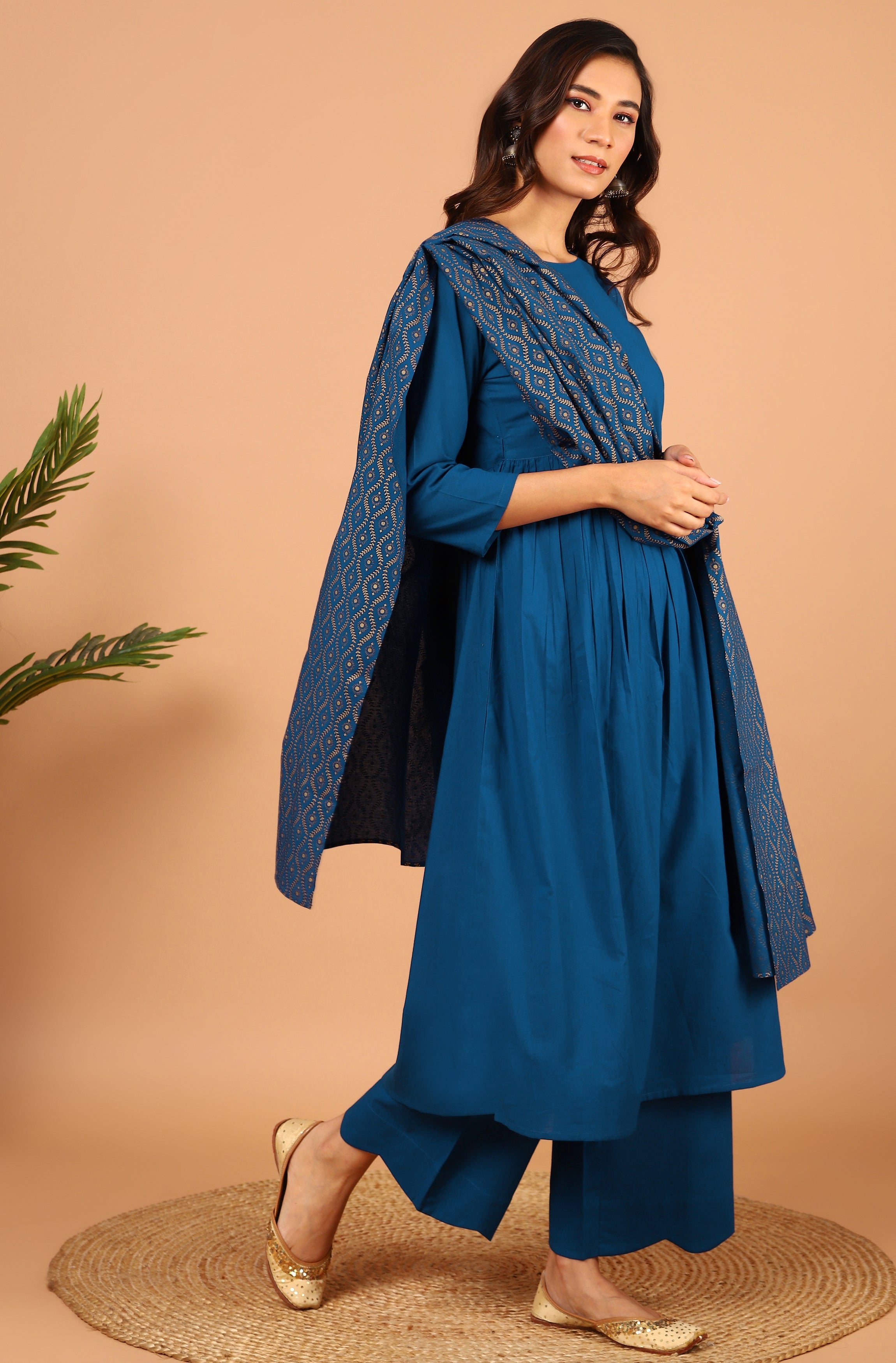 Janasya Women's Blue Cotton Solid Kurta With Palazzo And Dupatta | Grocsy