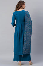 Janasya Women's Blue Cotton Solid Kurta With Palazzo And Dupatta | Grocsy