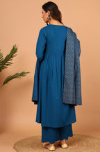 Janasya Women's Blue Cotton Solid Kurta With Palazzo And Dupatta | Grocsy