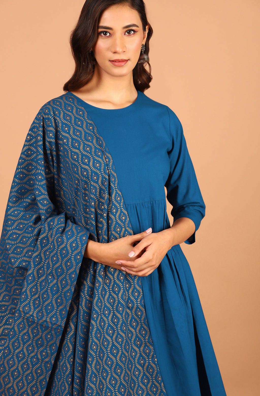 Janasya Women's Blue Cotton Solid Kurta With Palazzo And Dupatta | Grocsy