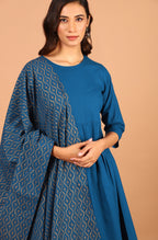 Janasya Women's Blue Cotton Solid Kurta With Palazzo And Dupatta | Grocsy