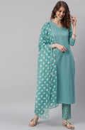 Janasya Women's Turquoise Cotton Striped Kurta With Pant And Dupatta | Grocsy