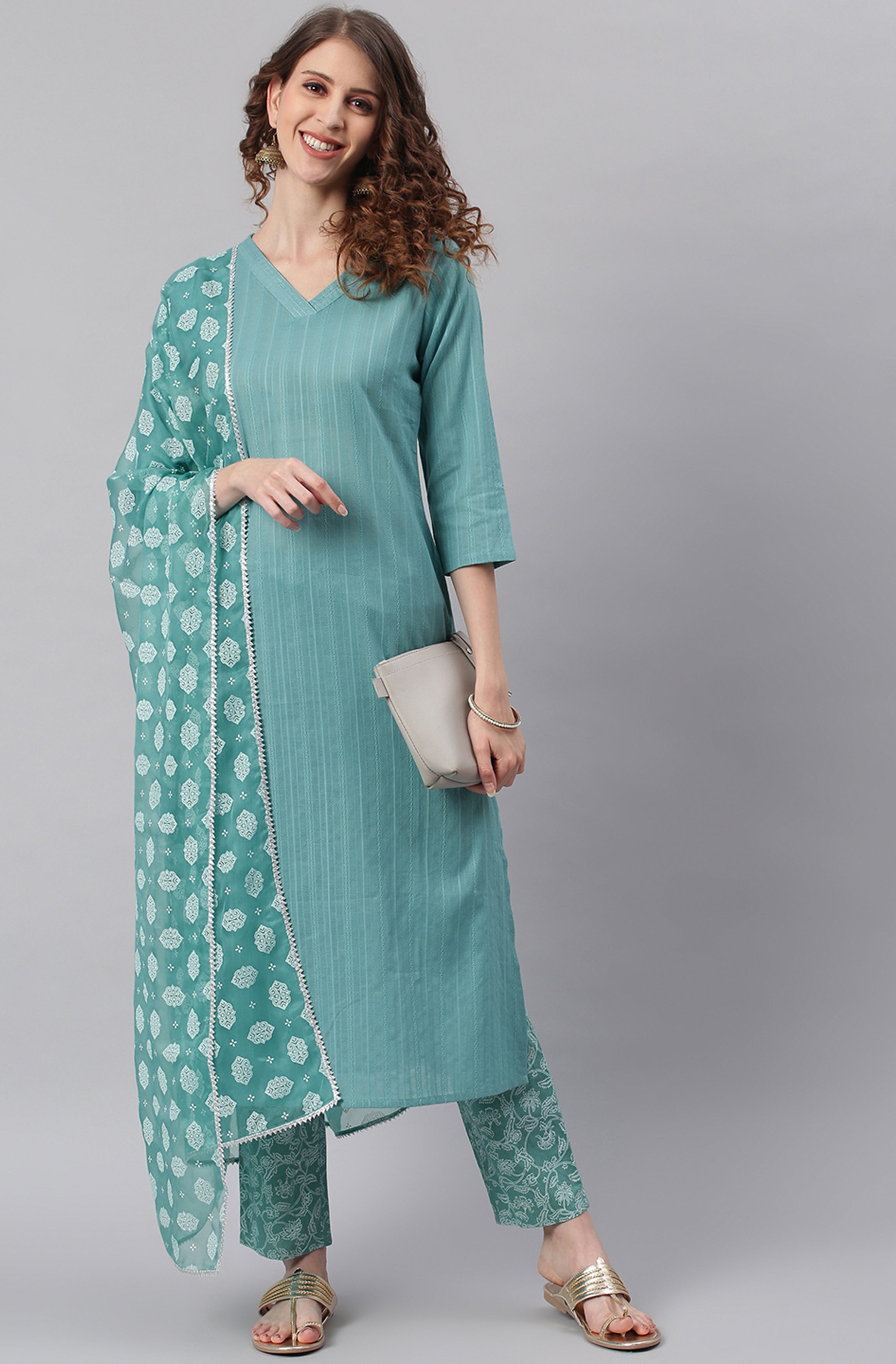 Janasya Women's Turquoise Cotton Striped Kurta With Pant And Dupatta | Grocsy
