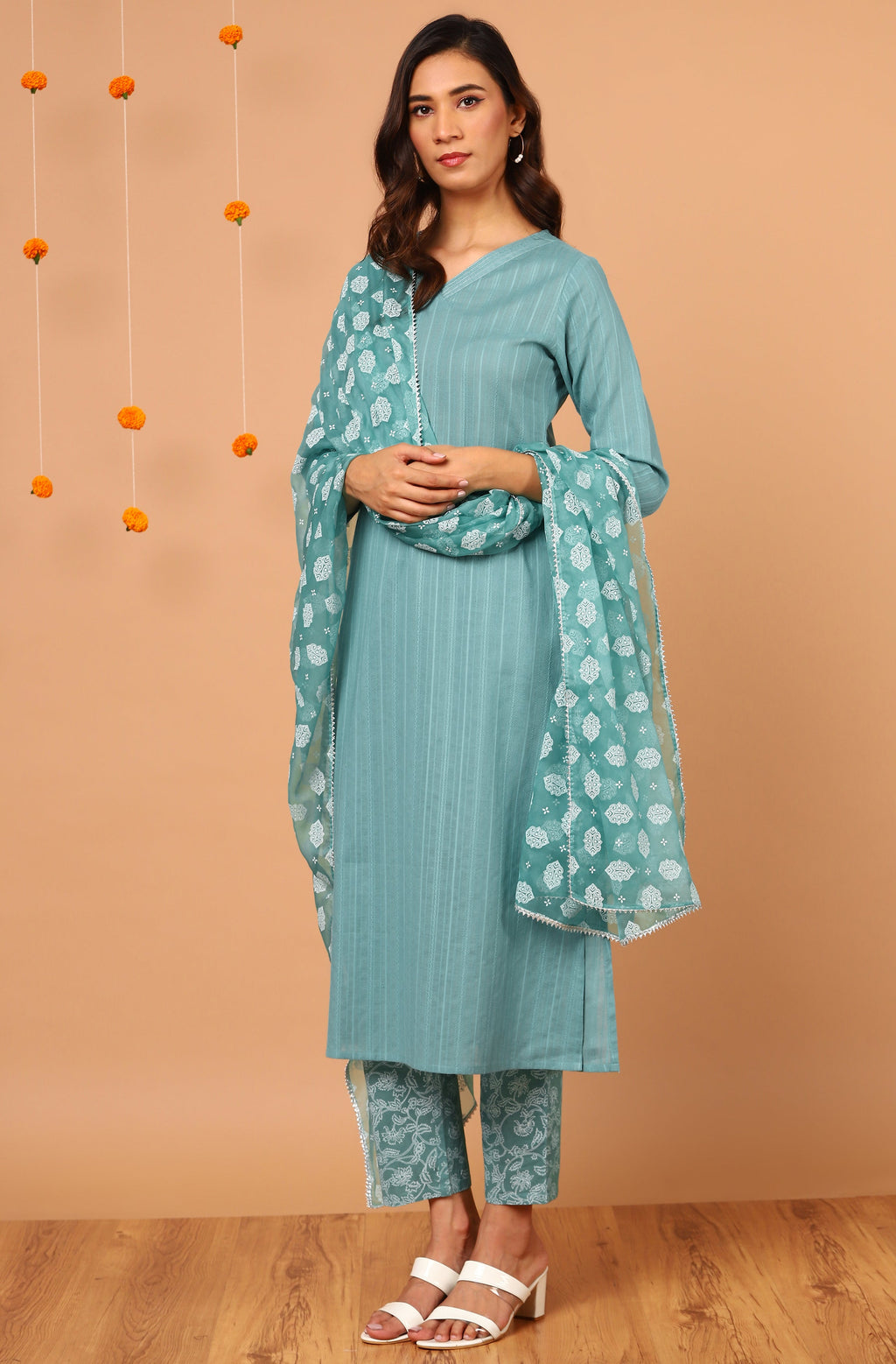 Janasya Women's Turquoise Cotton Striped Kurta With Pant And Dupatta | Grocsy