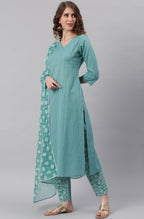 Janasya Women's Turquoise Cotton Striped Kurta With Pant And Dupatta | Grocsy