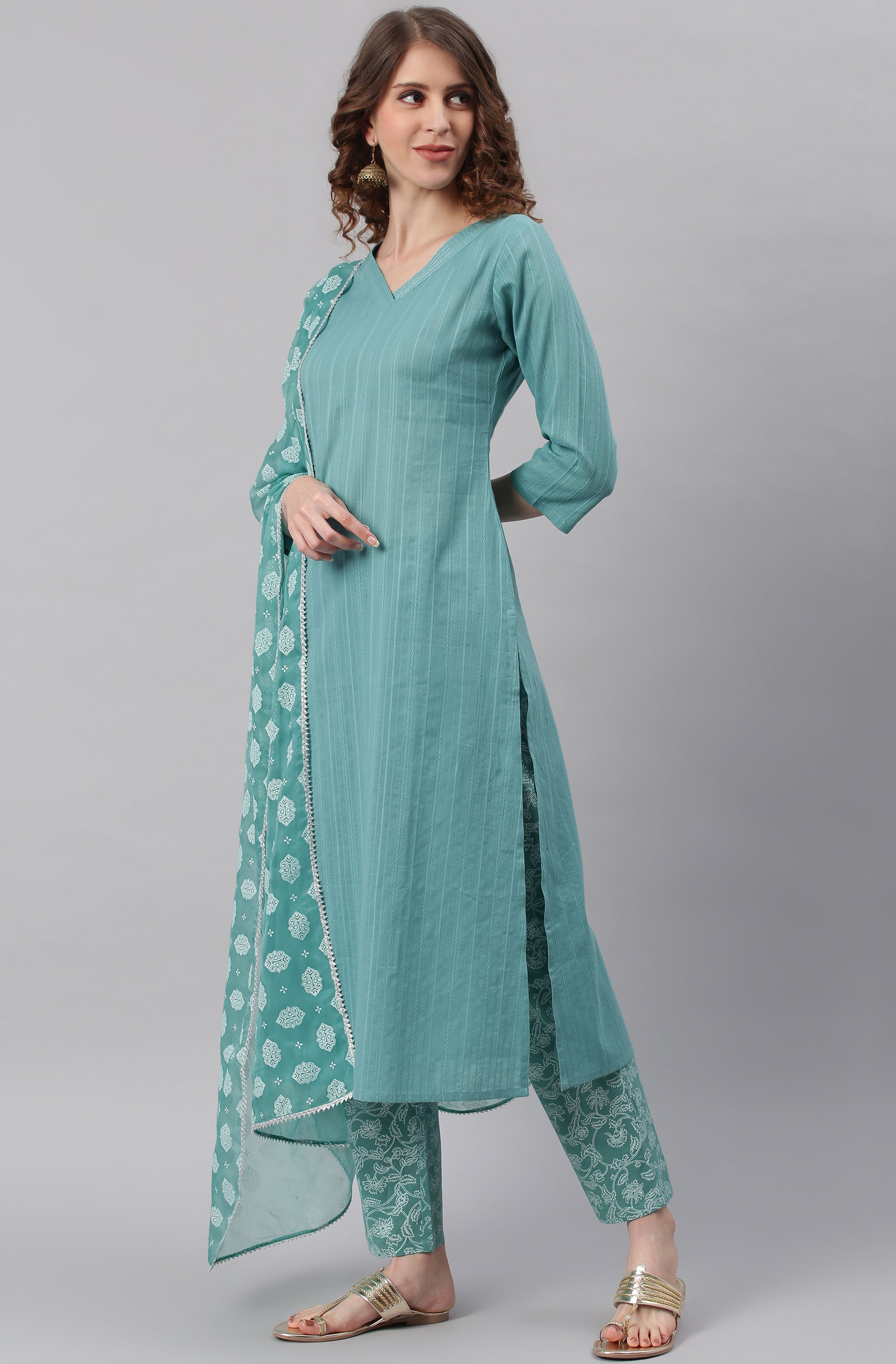 Janasya Women's Turquoise Cotton Striped Kurta With Pant And Dupatta | Grocsy