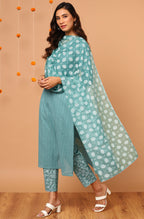 Janasya Women's Turquoise Cotton Striped Kurta With Pant And Dupatta | Grocsy