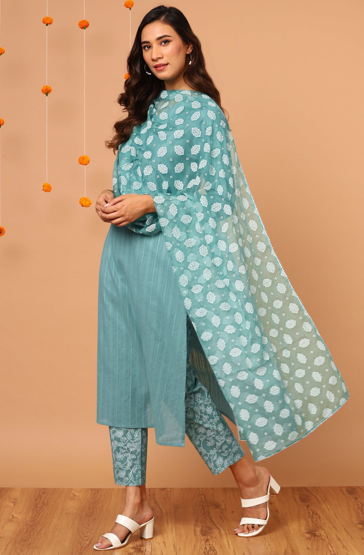 Janasya Women's Turquoise Cotton Striped Kurta With Pant And Dupatta | Grocsy