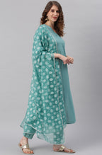 Janasya Women's Turquoise Cotton Striped Kurta With Pant And Dupatta | Grocsy