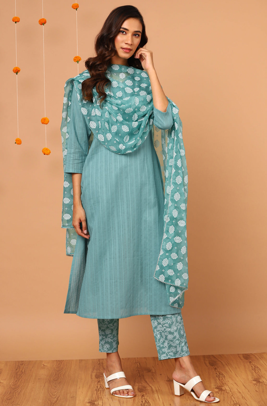 Janasya Women's Turquoise Cotton Striped Kurta With Pant And Dupatta | Grocsy