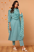 Janasya Women's Turquoise Cotton Striped Kurta With Pant And Dupatta | Grocsy