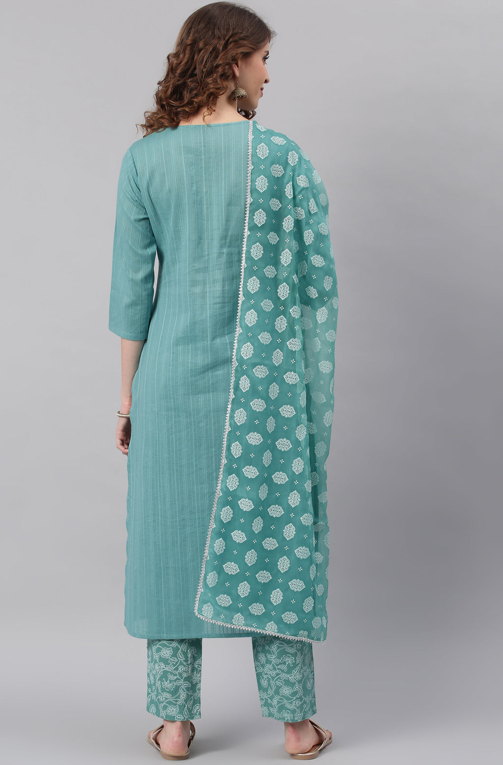 Janasya Women's Turquoise Cotton Striped Kurta With Pant And Dupatta | Grocsy