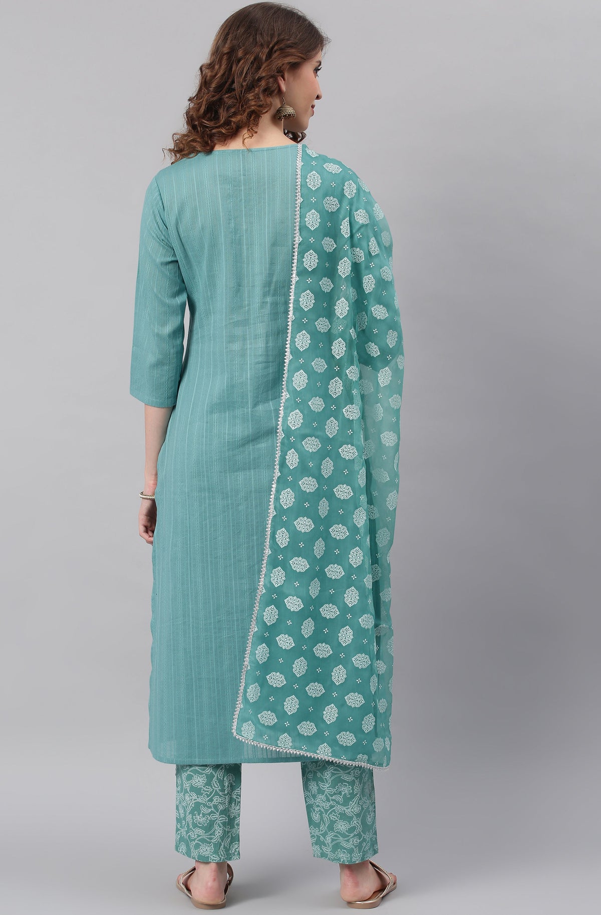 Janasya Women's Turquoise Cotton Striped Kurta With Pant And Dupatta | Grocsy