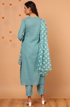 Janasya Women's Turquoise Cotton Striped Kurta With Pant And Dupatta | Grocsy