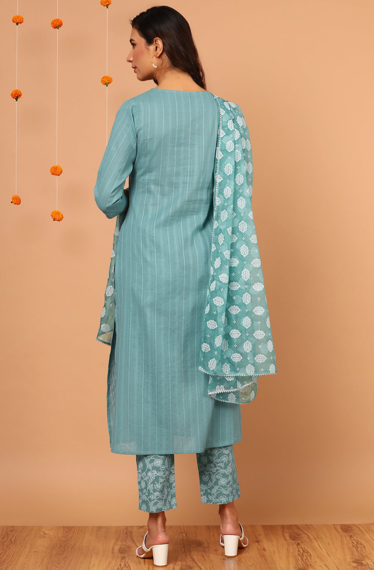 Janasya Women's Turquoise Cotton Striped Kurta With Pant And Dupatta | Grocsy