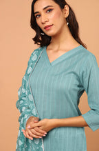 Janasya Women's Turquoise Cotton Striped Kurta With Pant And Dupatta | Grocsy