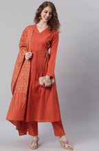 Janasya Women's Orange Cotton Striped Kurta With Pant And Dupatta | Grocsy