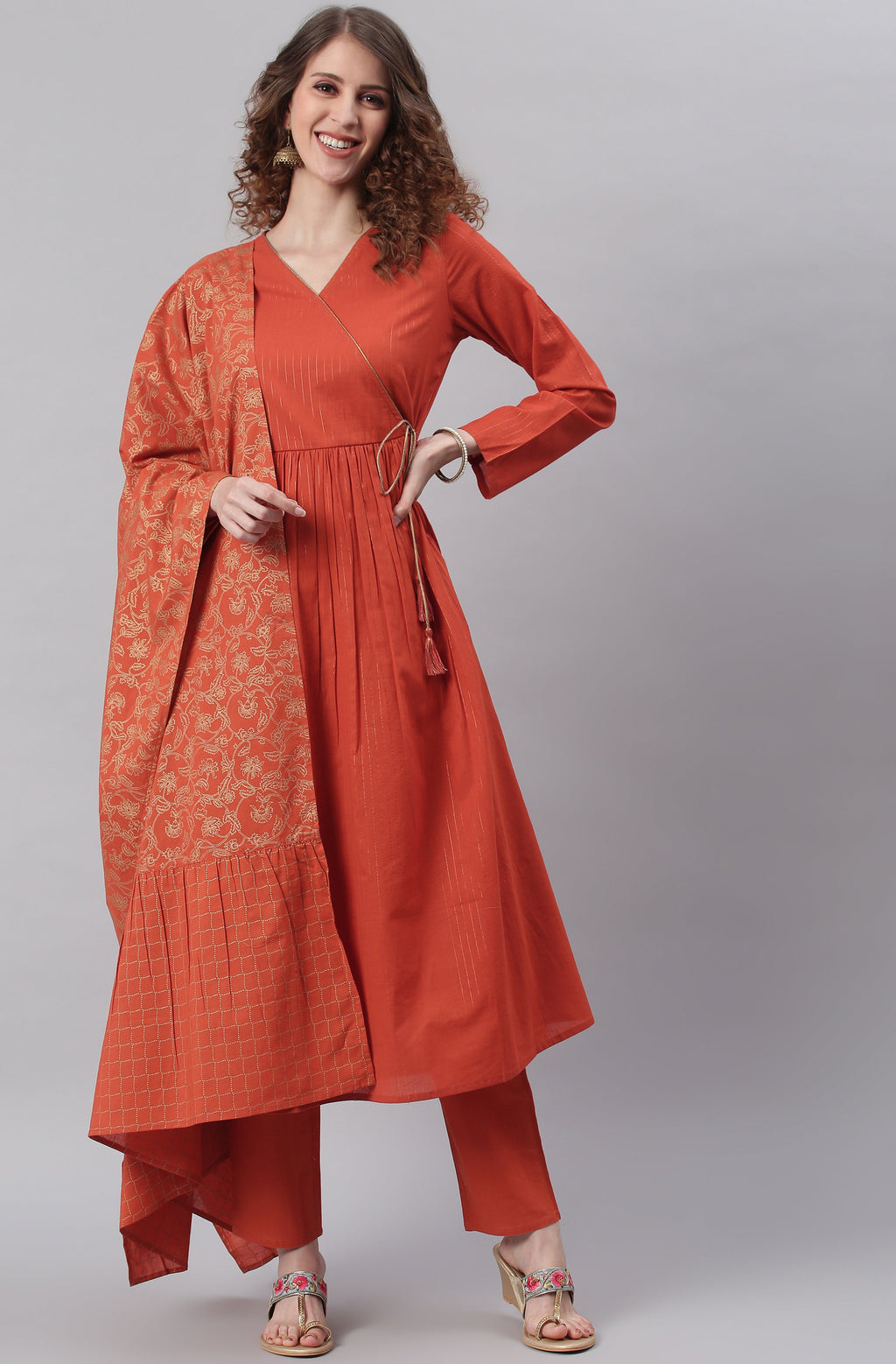 Janasya Women's Orange Cotton Striped Kurta With Pant And Dupatta | Grocsy